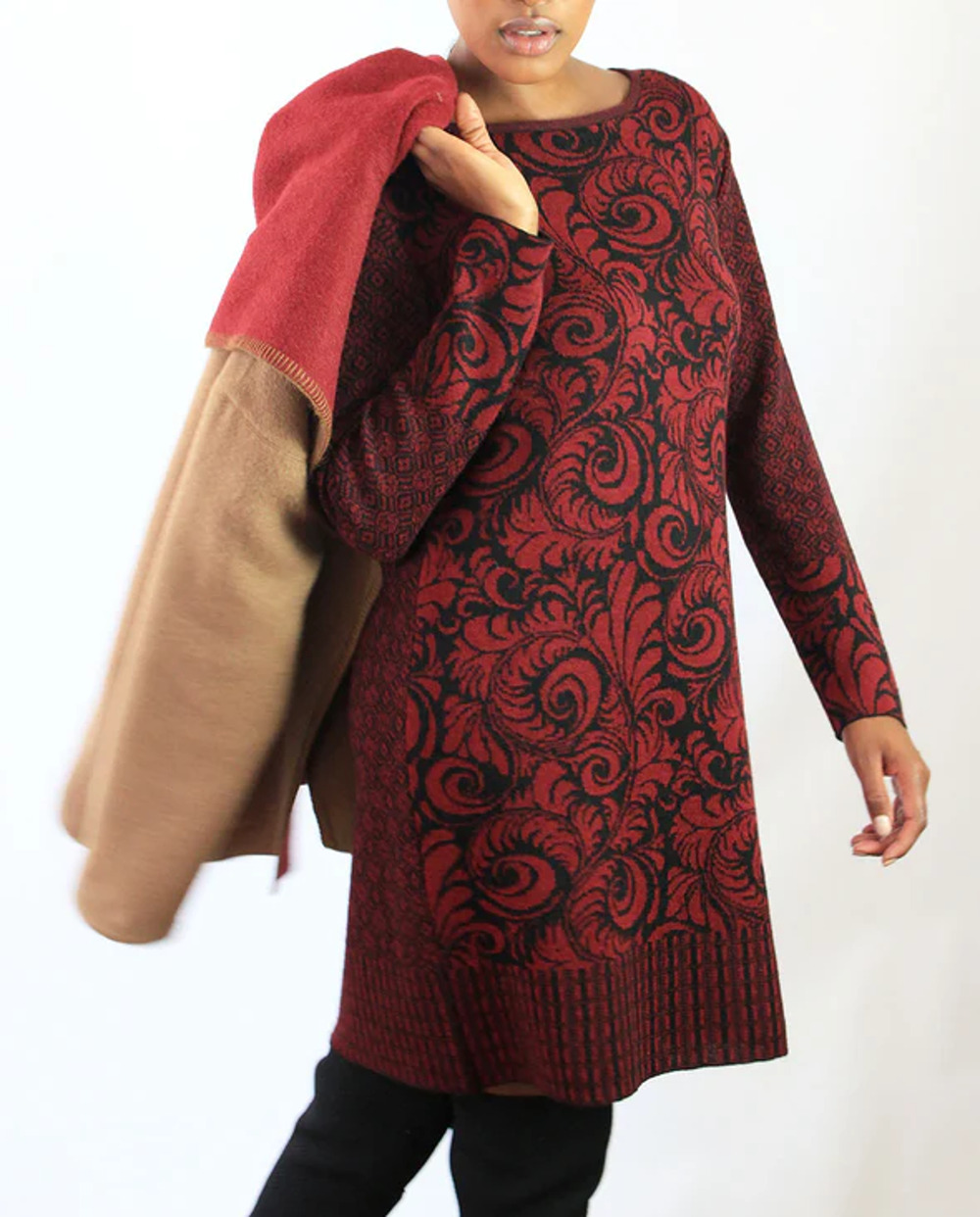 Beyond Threads Sangria/Black Botanical Jacquard Baby Alpaca Sweater Dress XS